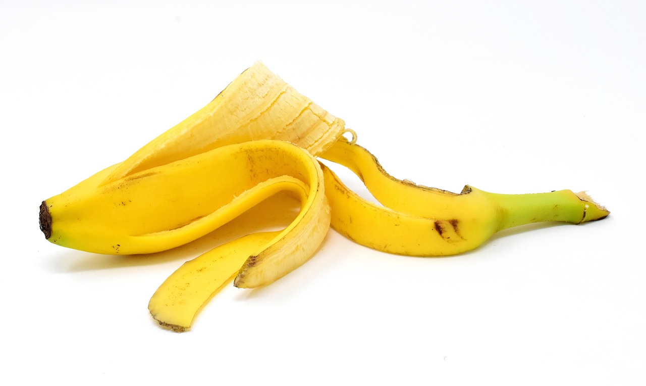 Buccia di banana interrata vicino a una rosa, simbolo di fertilizzante naturale e potassio.